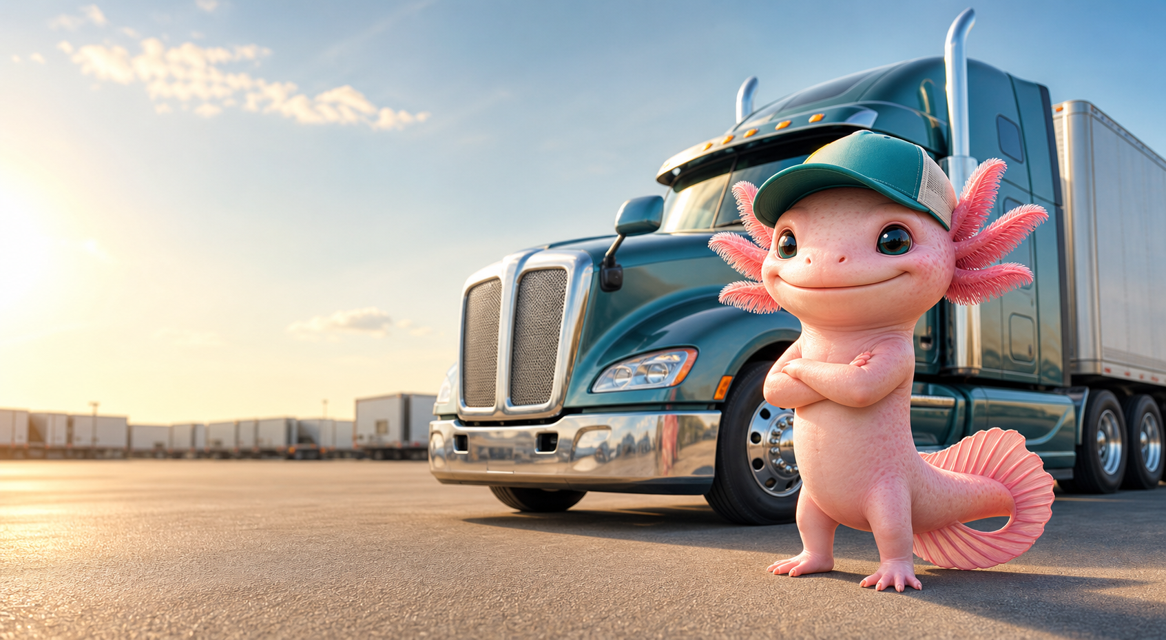 AxleAudits mascot standing in front of a semi truck